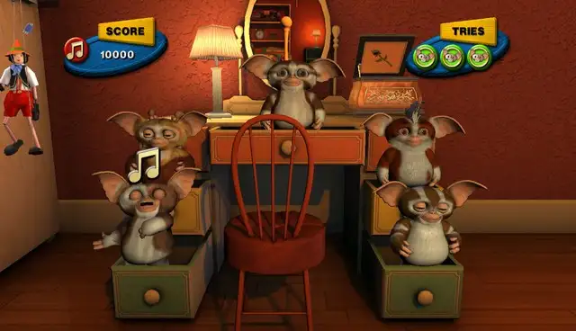 Un escritorio de habitación con los cajones llenos de mogwais en Gremlins Gizmo de Wii